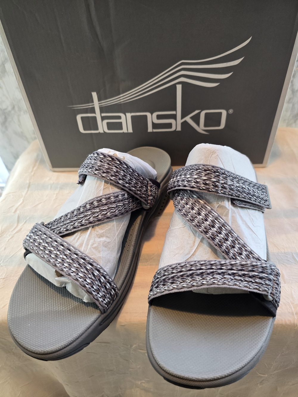 NIB Dansko Rosette Adjustable Webbing Sport Slide Sandals Grey Multi Size 39